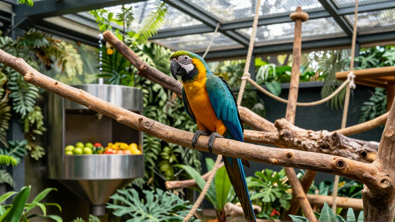 Un guacamayo de colores brillantes posado en una rama dentro de un gran aviario tropical.
