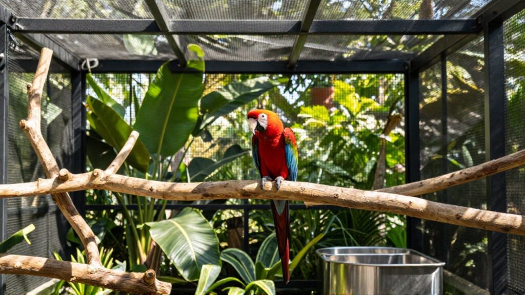 Un guacamayo rojo posado sobre una rama dentro de un amplio aviario de malla fina.