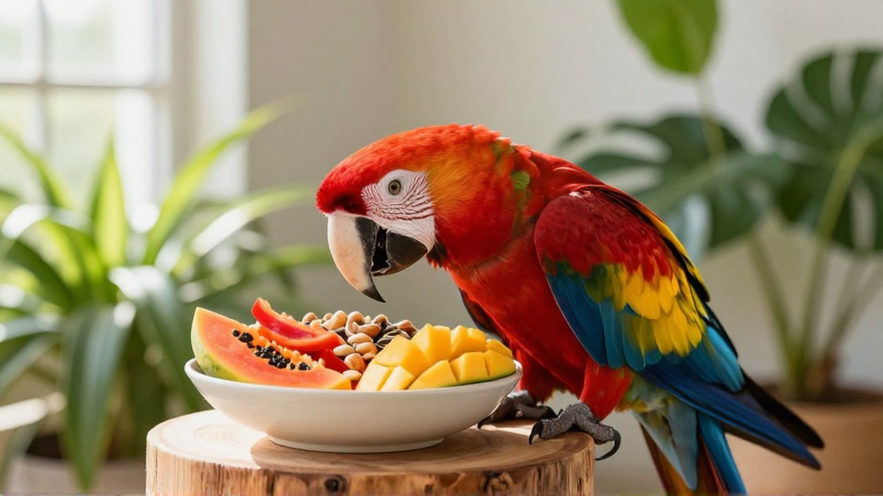 Un guacamayo rojo come fruta fresca y semillas en un cuenco dentro de un solárium luminoso.