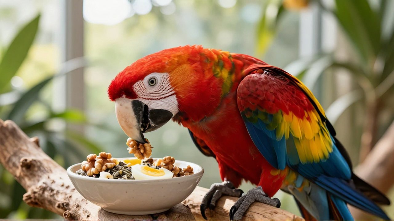 Un guacamayo rojo come nueces y huevo de un cuenco sobre una rama en un jardín tropical.