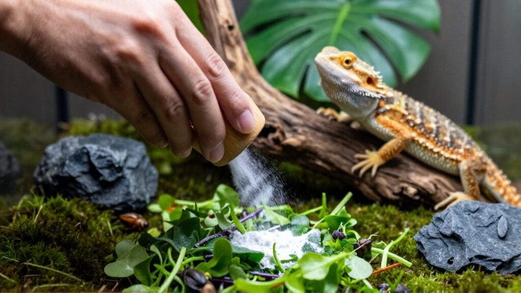 Unas manos espolvorean suplemento de calcio sobre vegetales e insectos en un terrario con un bearded dragon.