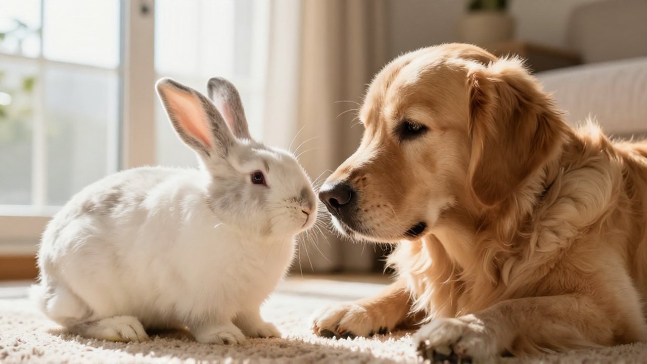 Un conejo curioso olfatea la nariz de un Golden Retriever en una sala iluminada por el sol.
