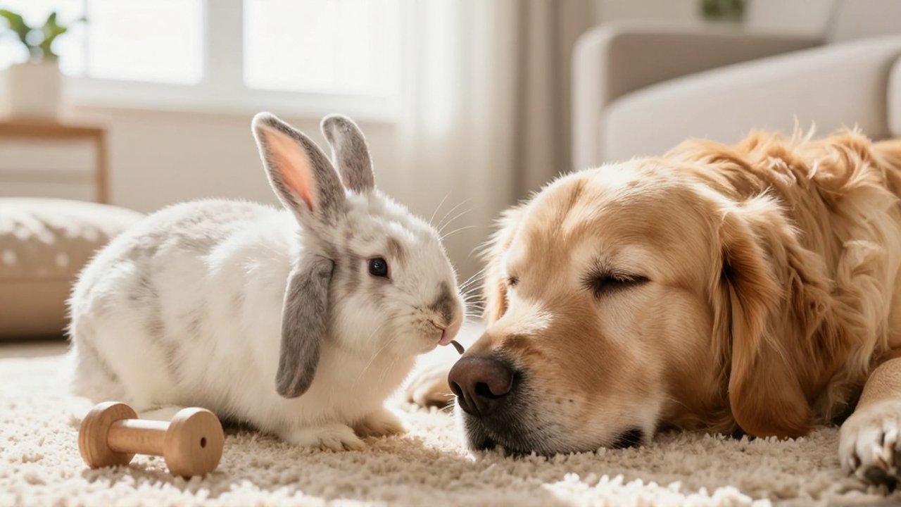 Un conejo Holland Lop olfatea con curiosidad el hocico de un Golden Retriever que duerme plácidamente.