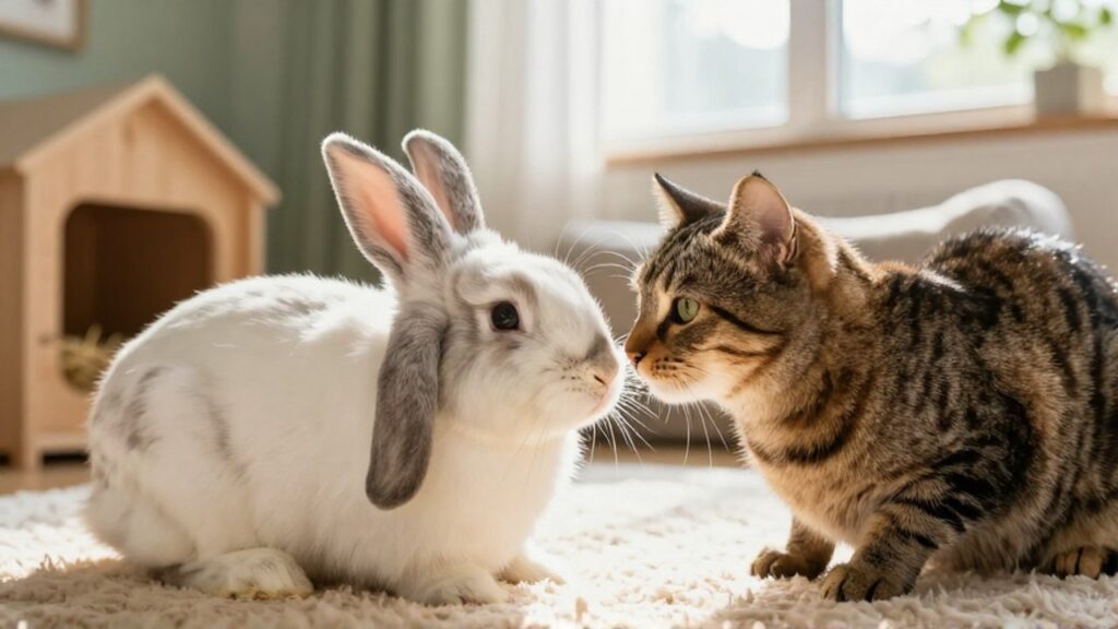 Un conejo Holland Lop y un gato atigrado se olfatean afectuosamente en una sala iluminada.