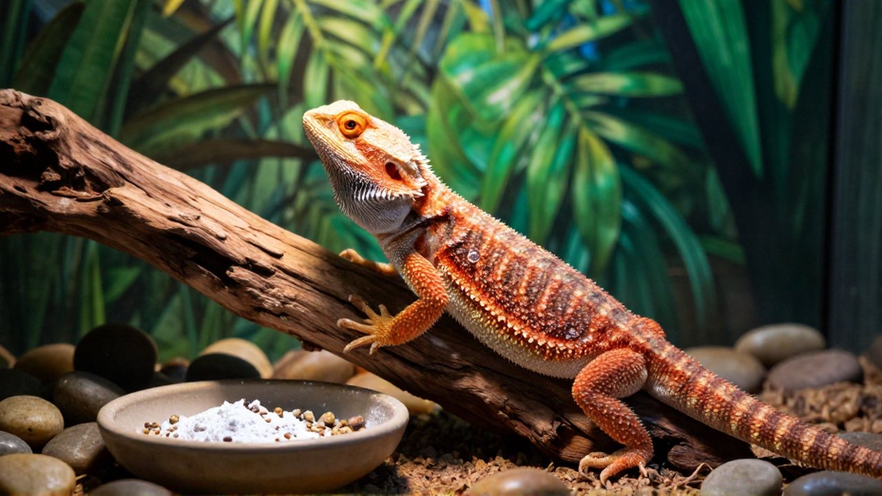 Un dragón barbudo reposa sobre un tronco de madera dentro de un terrario con vegetación.