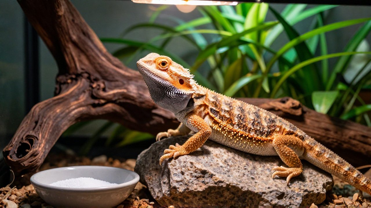 Un dragón barbudo descansa sobre una roca en un terrario con plantas y luz natural.
