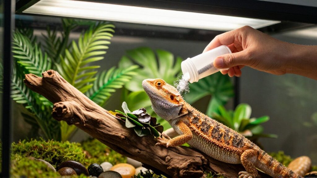 Un técnico espolvorea calcio sobre vegetales para un dragón barbudo en su terrario.