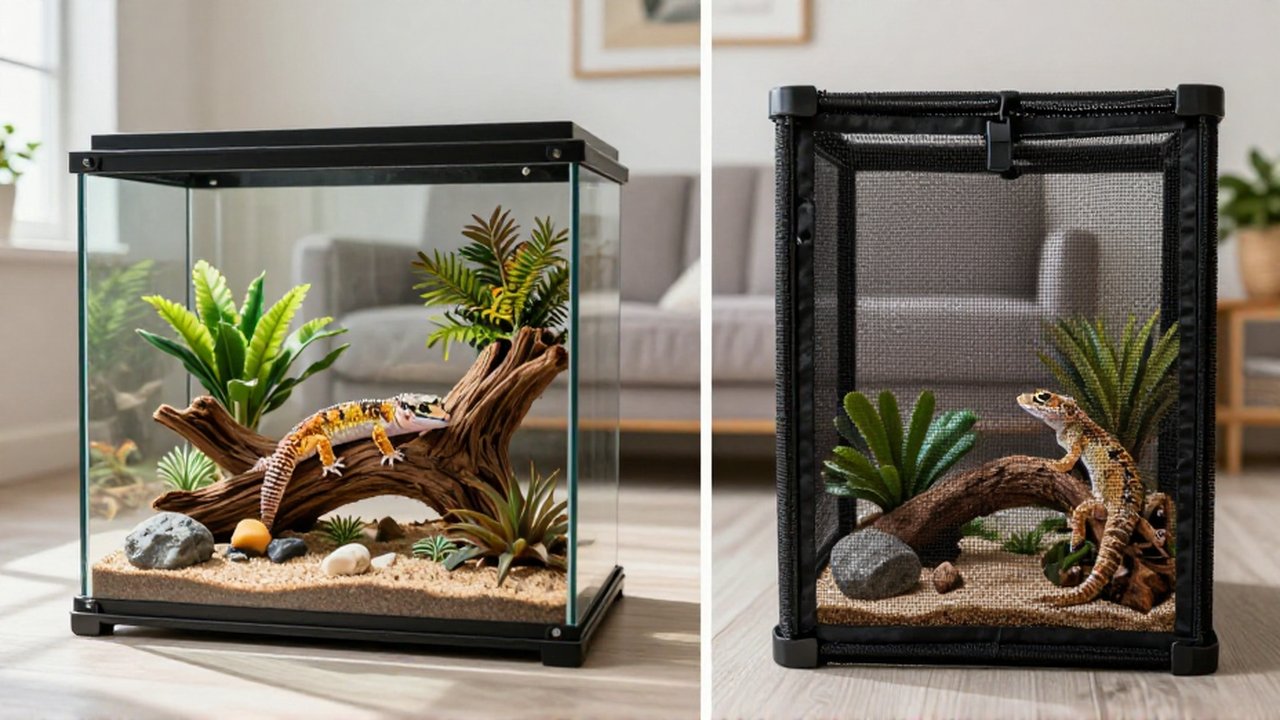 Comparativa entre un terrario de cristal con un gecko y un recinto de malla transpirable.