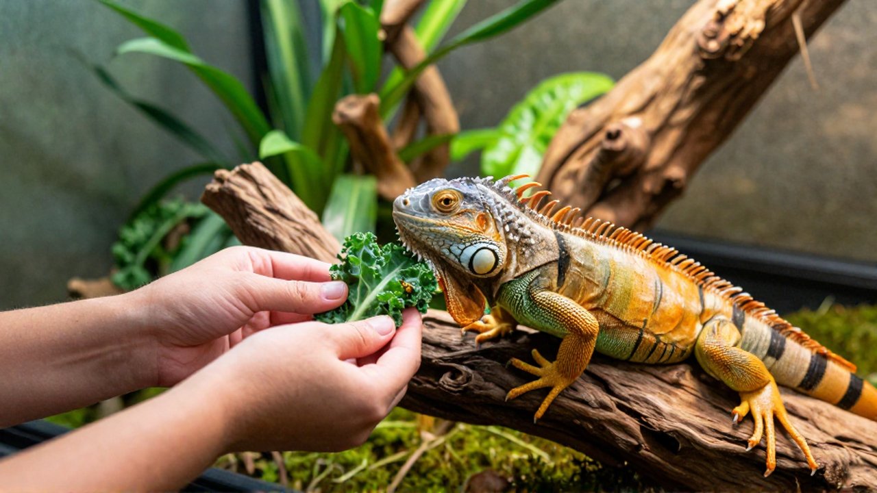 Unas manos ofrecen cuidadosamente una hoja de kale a una pequeña iguana verde en su terrario.