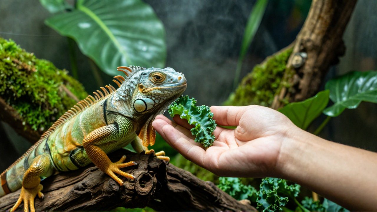 Una mano ofrece una hoja de col a una pequeña iguana verde en un terrario tropical.