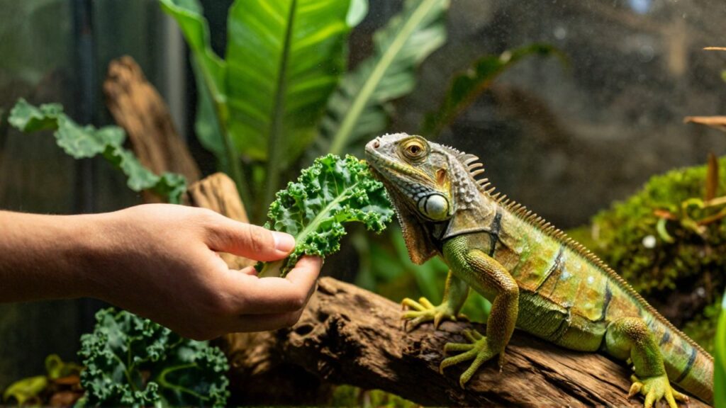 Una mano ofrece una hoja de col a una pequeña iguana verde en su terrario.