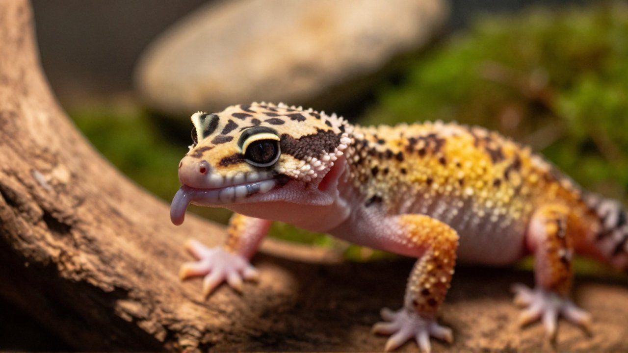 Primer plano de un gecko leopardo sacando la lengua sobre un tronco en su terrario.