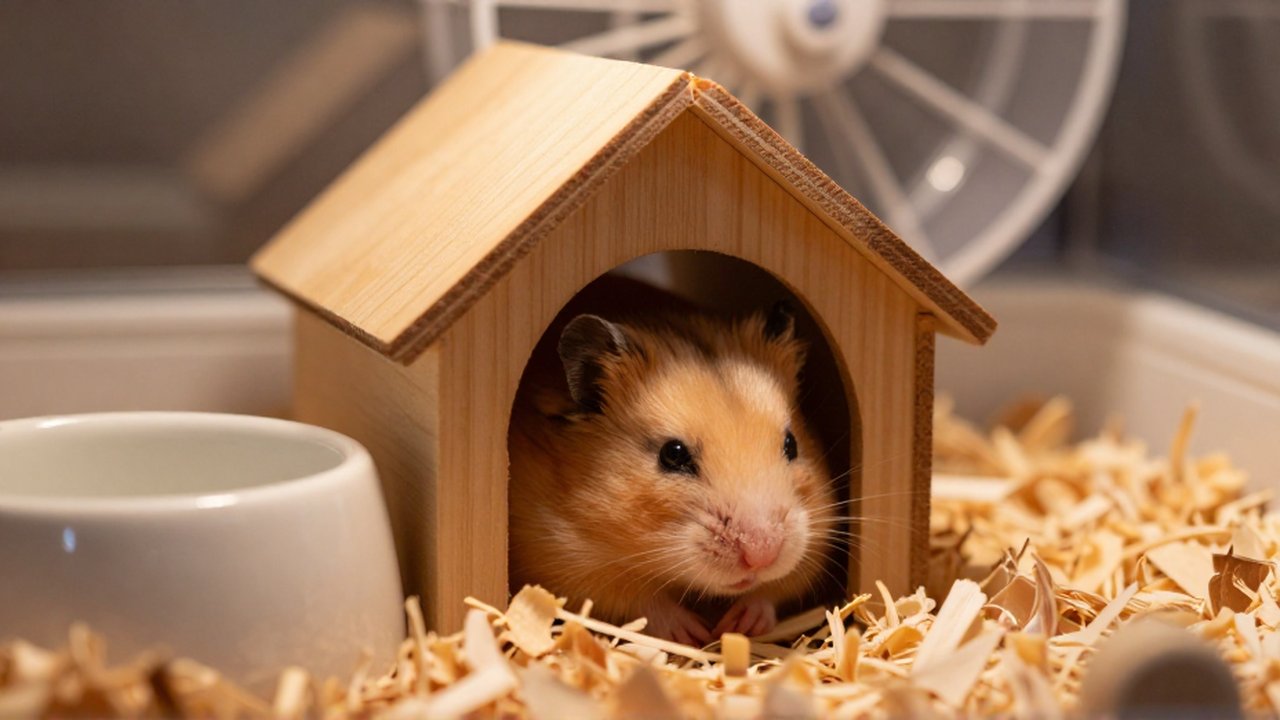 Un hámster sirio duerme plácidamente dentro de una pequeña casita de madera en su recinto.