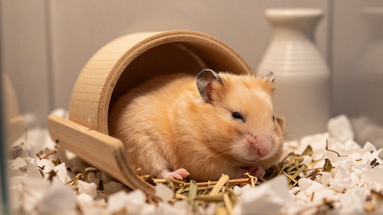 Un pequeño hámster sirio duerme plácidamente en un nido de madera con hierbas secas.