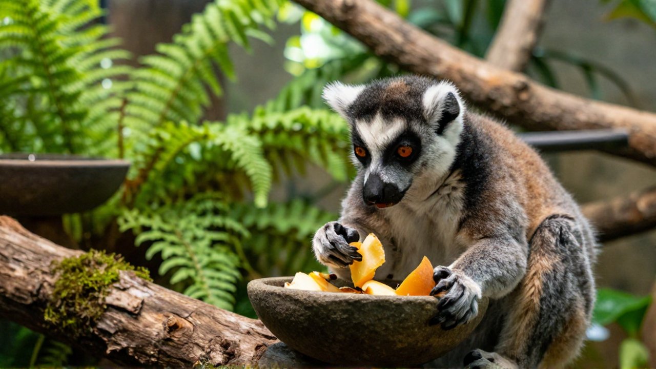 Un lémur de cola anillada recoge fruta de un cuenco de piedra en su hábitat tropical.
