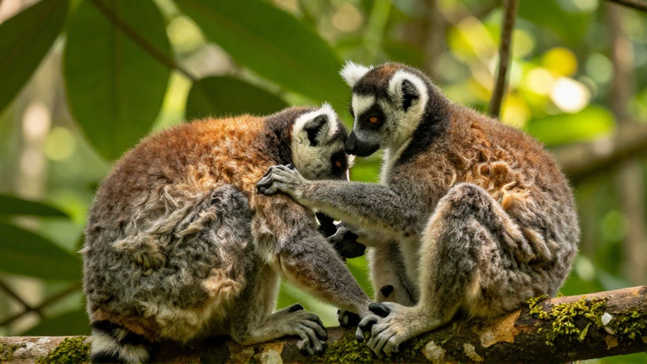 Un lémur de cola anillada acicala a otro sobre una rama musgosa en una selva luminosa.