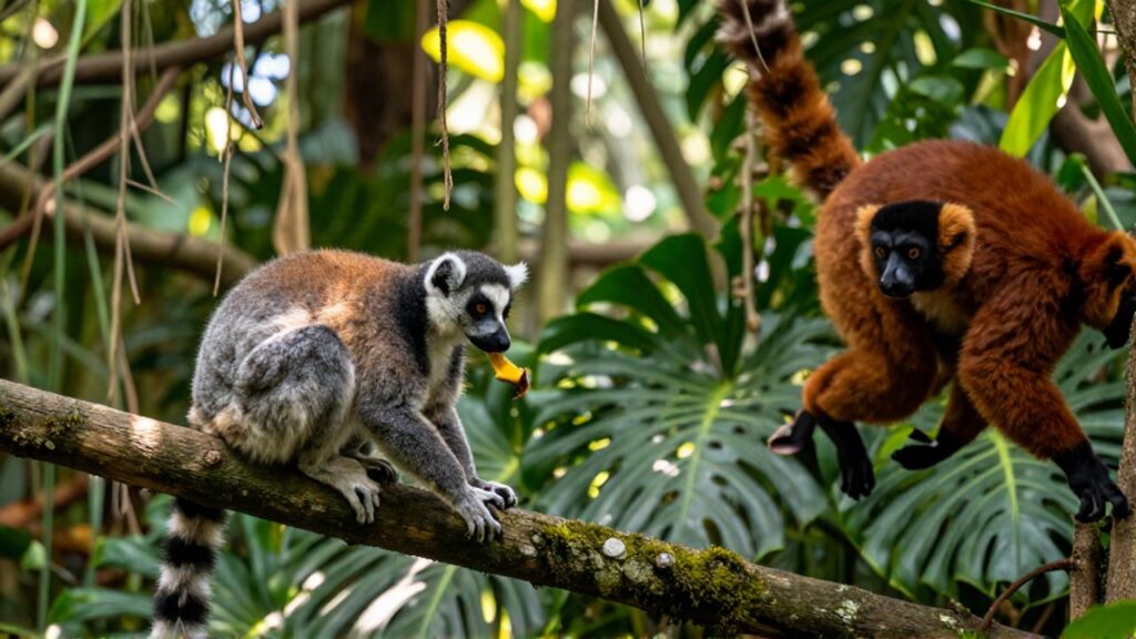 Un lémur de cola anillada examina una fruta en una rama mientras otro lémur salta entre la vegetación tropical.