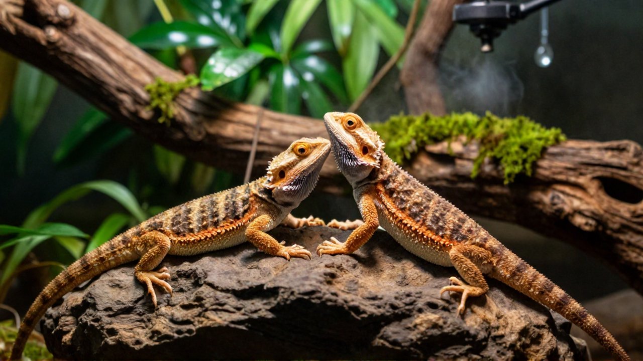 Dos dragones barbados interactúan sobre una roca en un terrario rodeado de vegetación tropical.