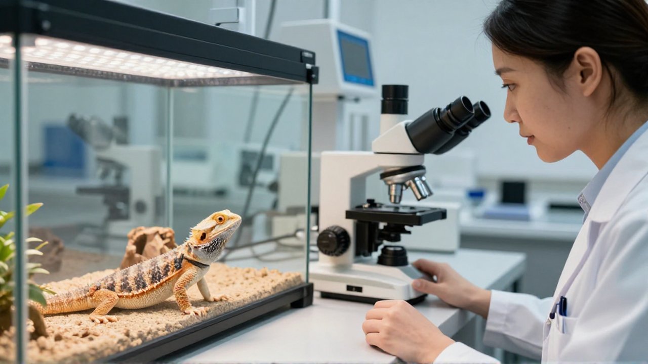 Herpetólogo observa un par de dragones barbados en un terrario tecnológico dentro de un laboratorio moderno.