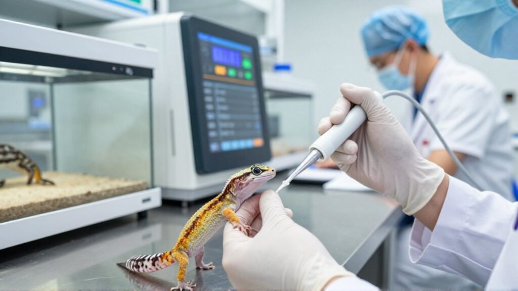 Un veterinario realiza un procedimiento de reproducción asistida con un gecko en un laboratorio especializado.