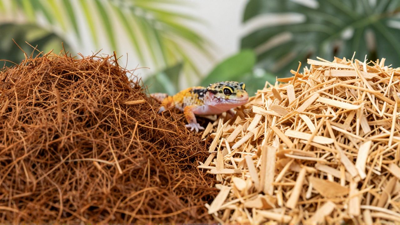 Un pequeño gecko leopardo en el límite entre sustratos de fibra de coco y madera triturada.