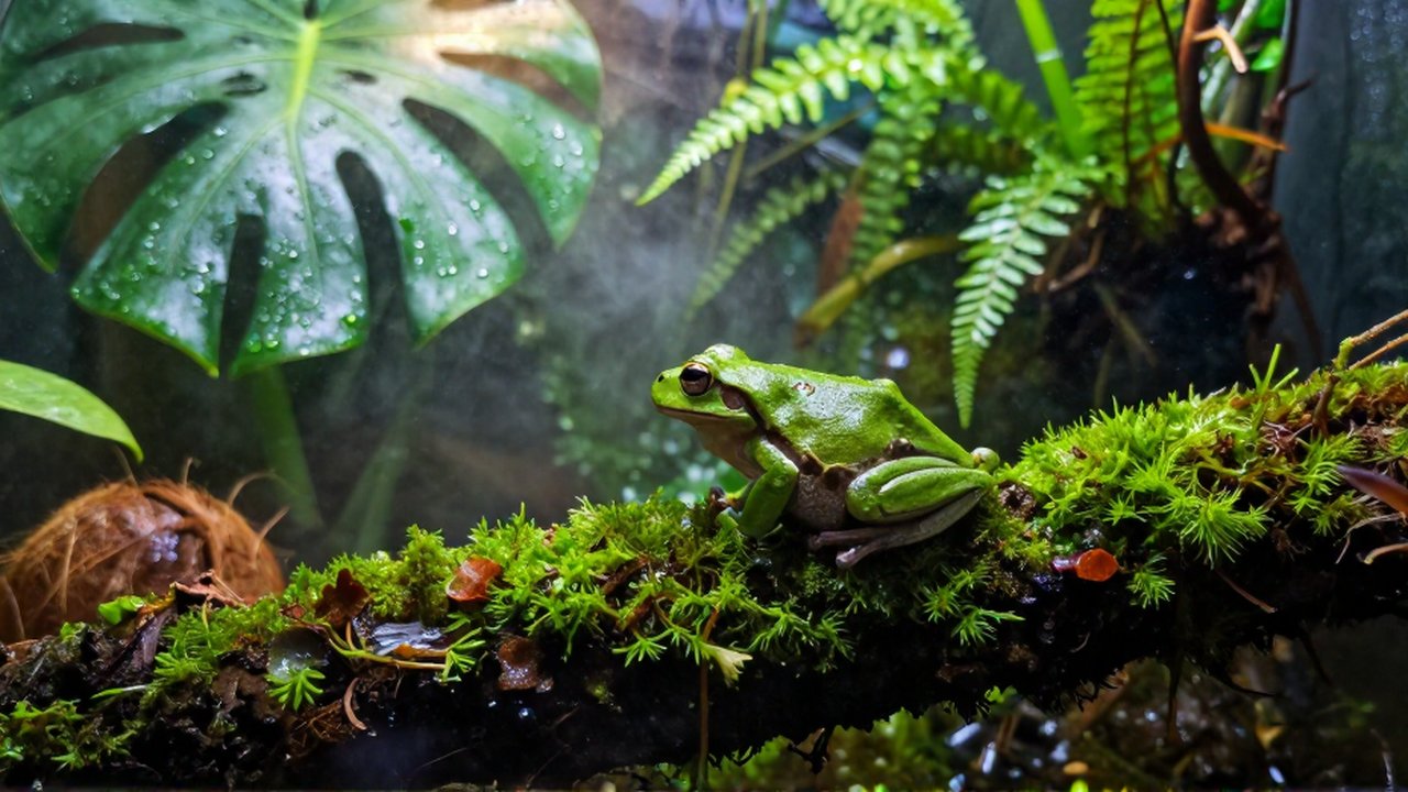 Pequeña rana verde sobre una rama con musgo en un terrario tropical húmedo.