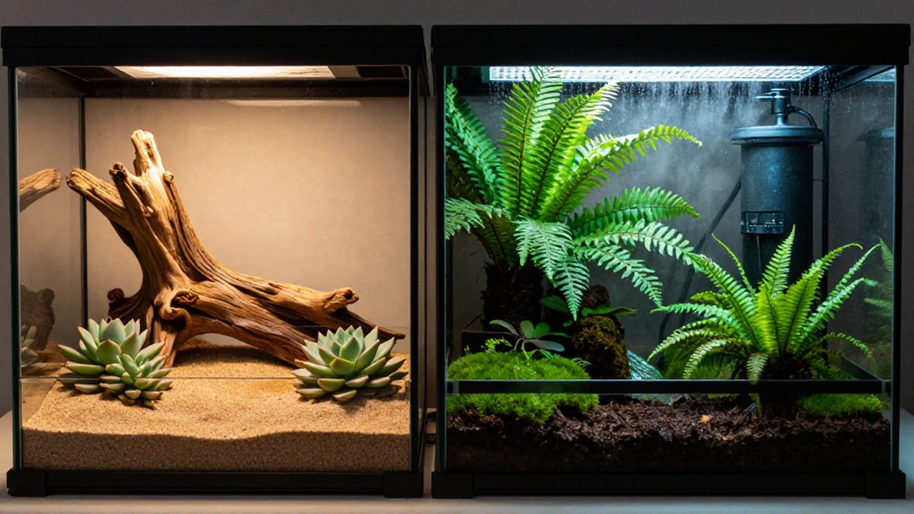 Comparativa visual de dos hábitats para reptiles: uno desértico y seco, y otro tropical y húmedo.