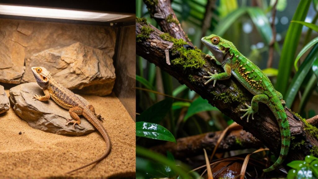 Comparativa de dos hábitats de reptiles: un desierto árido con un dragón barbudo y una selva húmeda con un gecko crestado.