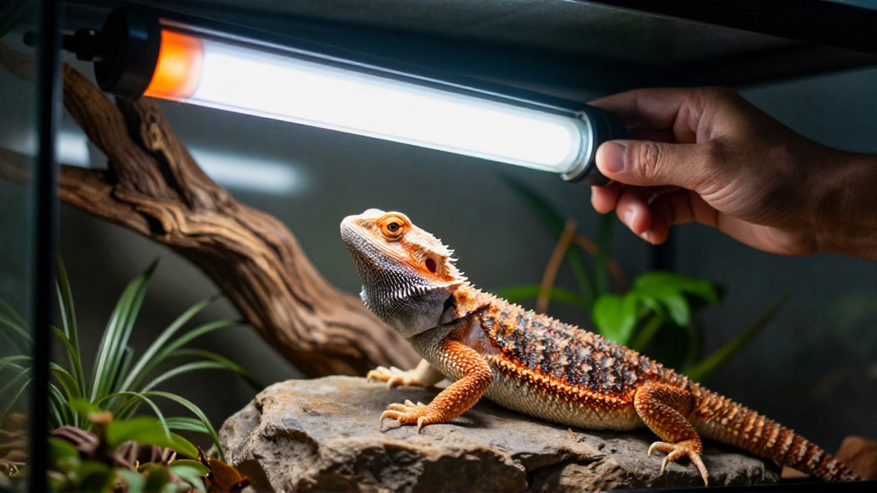 Perfil de un dragón barbudo en un terrario mientras un técnico ajusta su lámpara UVB.