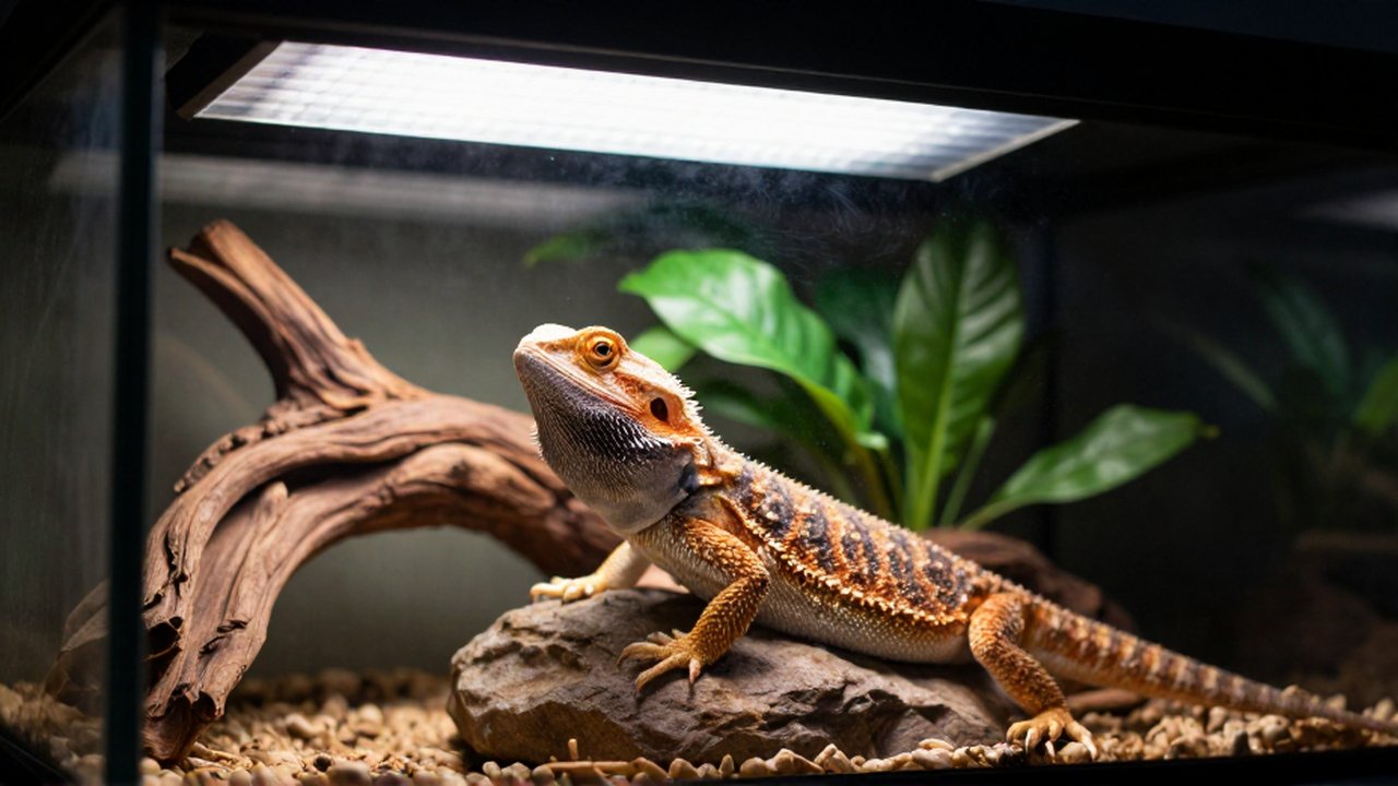 Un dragón barbudo descansa sobre una roca bajo una lámpara de luz ultravioleta en su terrario.