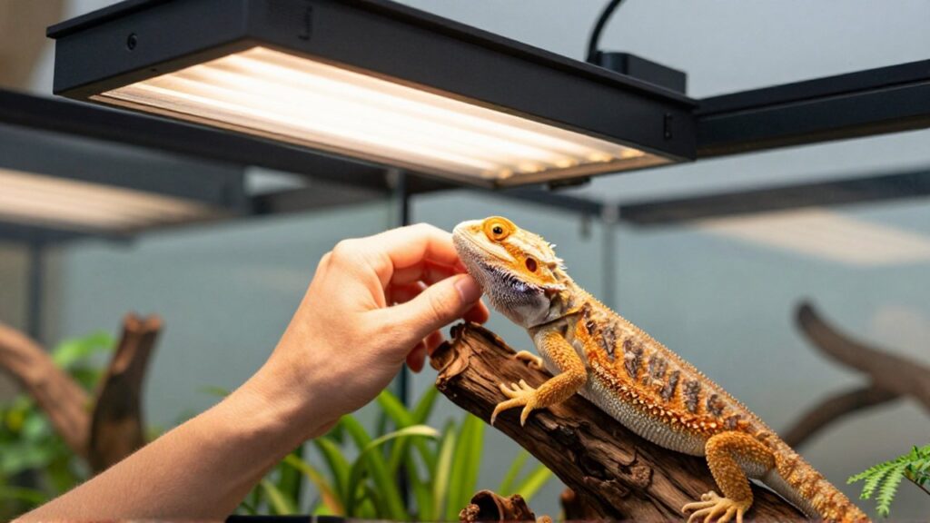 Unas manos ajustan una lámpara UVB sobre un terrario con un dragón barbudo.