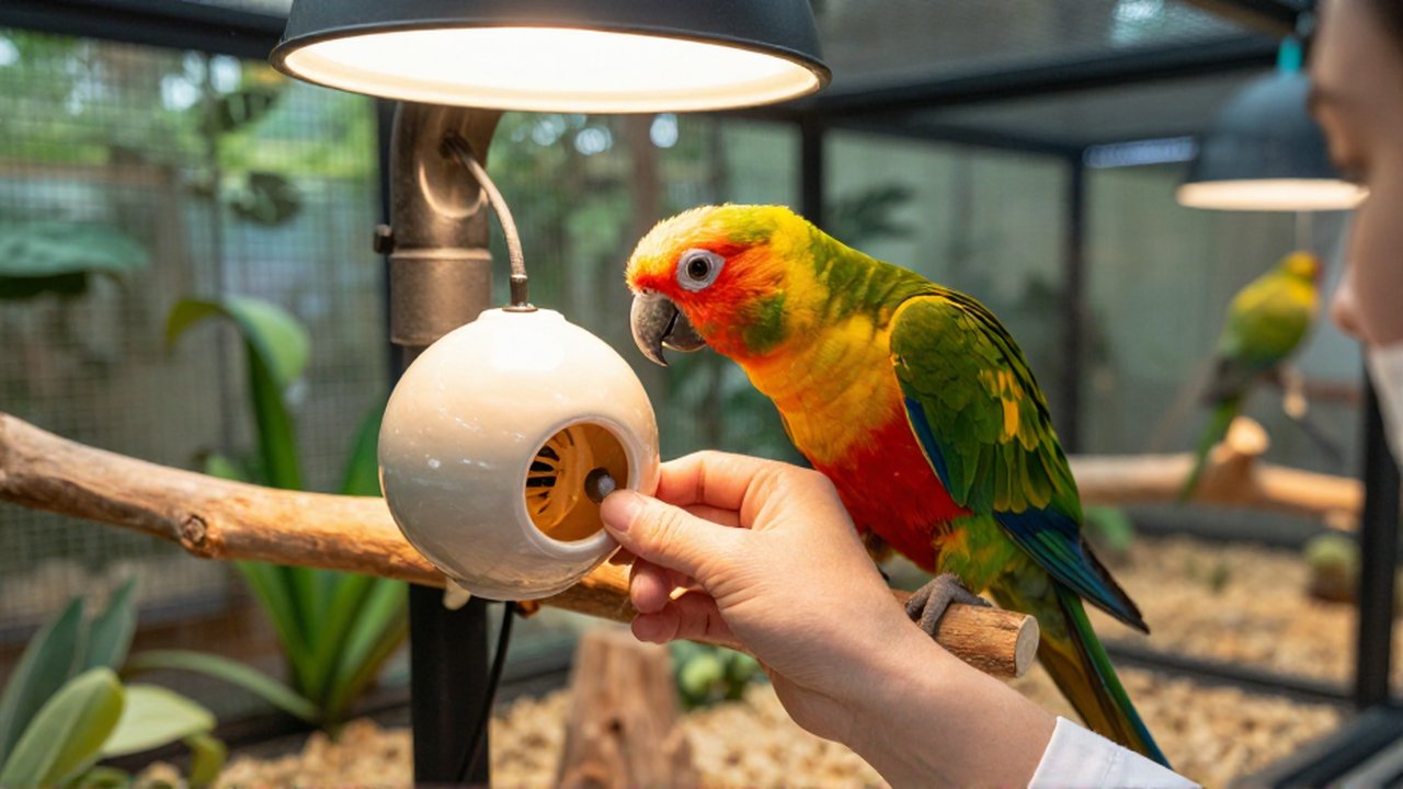 Un veterinario ajusta un emisor de calor para un loro en un aviario bien cuidado.
