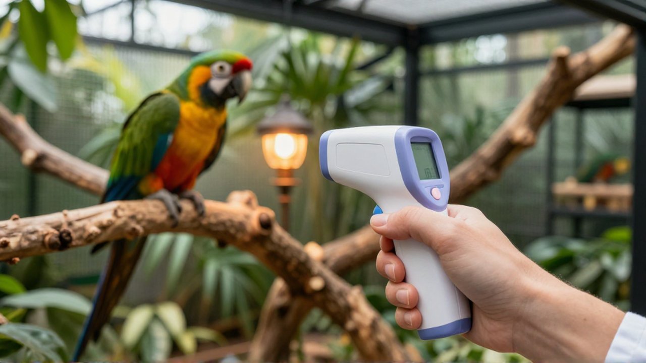 Un veterinario mide la temperatura de un calefactor en un aviario con un termómetro digital.