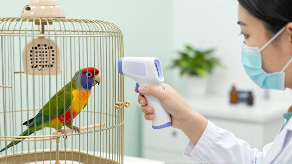 Un veterinario utiliza un termómetro digital para medir la temperatura de un loro colorido en su jaula.