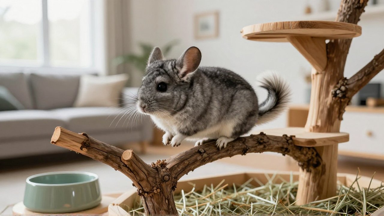 Un chinchilla salta con energía entre plataformas de madera en un hábitat limpio y enriquecido.