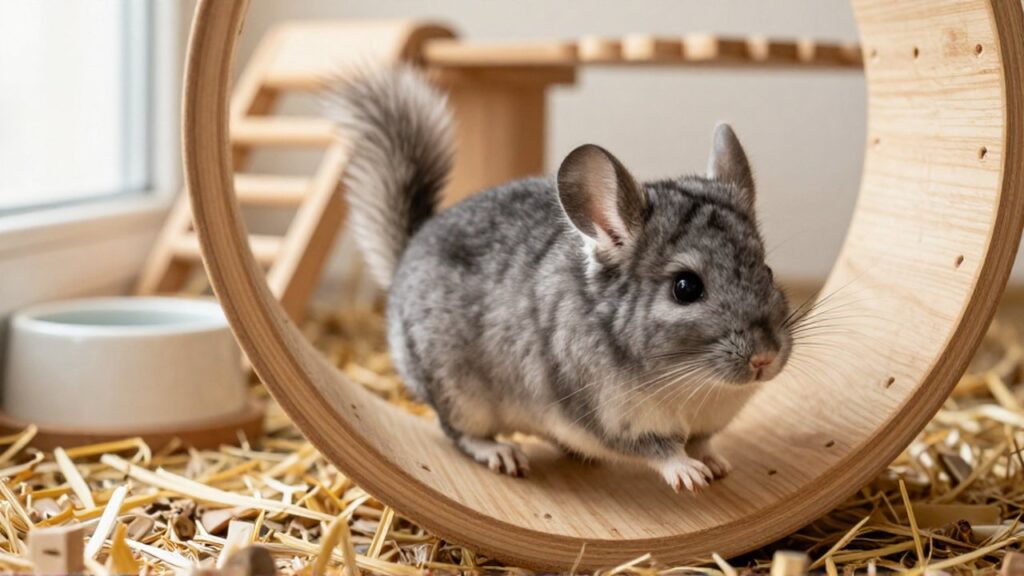 Un chinchilla gris corre con energía sobre una rueda de madera dentro de su hábitat.