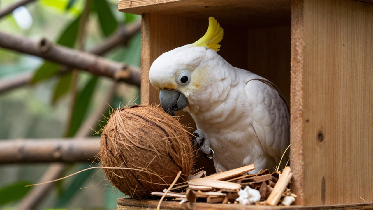 Un cacatúa acomoda cuidadosamente materiales naturales dentro de su nido de madera en un aviario.
