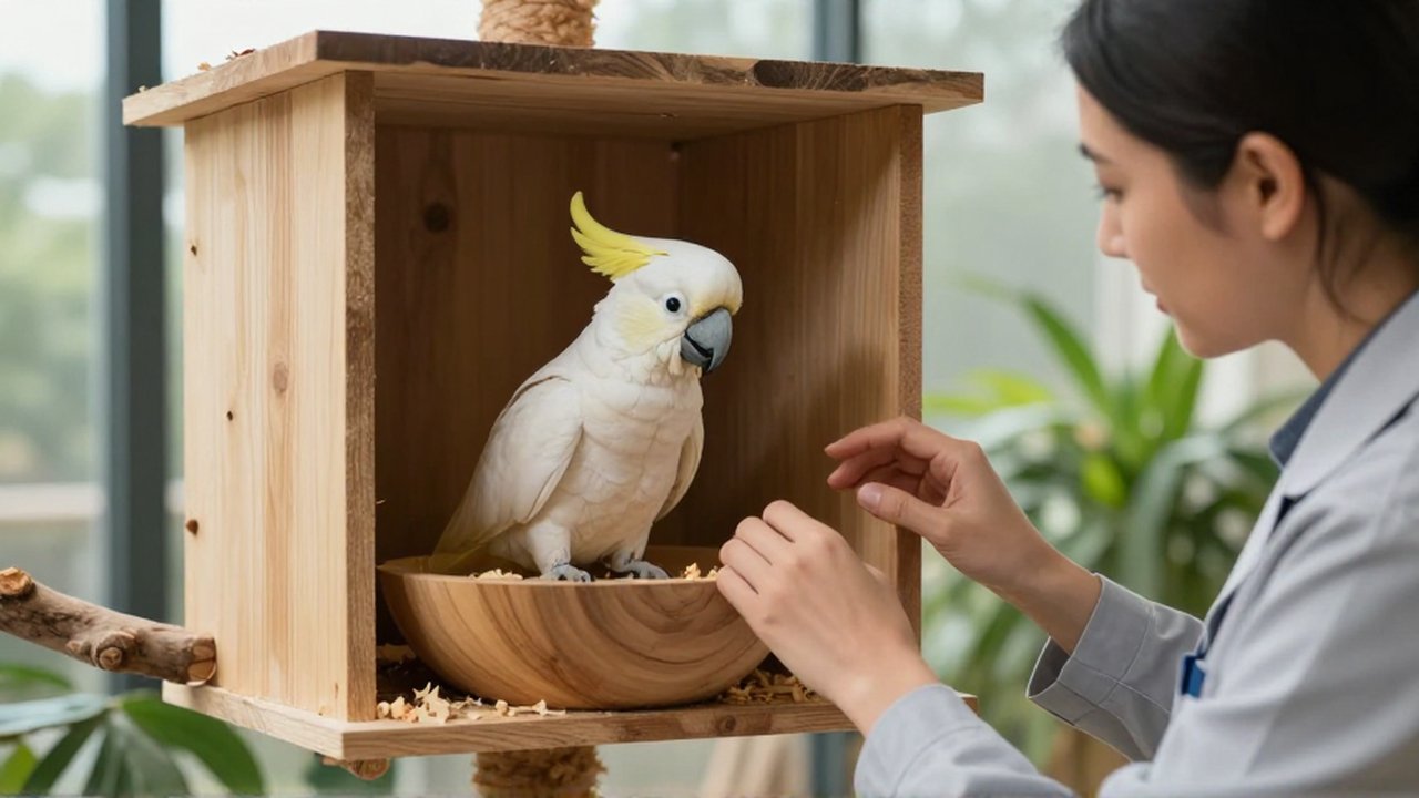 Un especialista observa con cuidado a un cacatúa que descansa en un nido de madera.