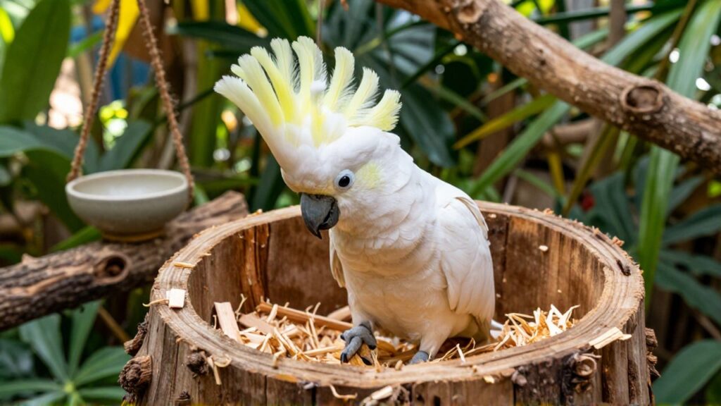 Un cacatúa blanco acomoda virutas de madera dentro de un nido en un aviario tropical.
