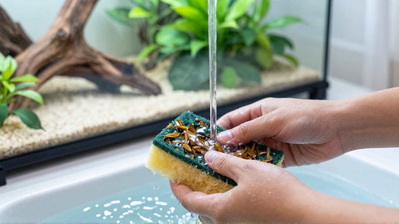 Manos lavando un filtro de esponja bajo el chorro de agua cerca de un terrario.