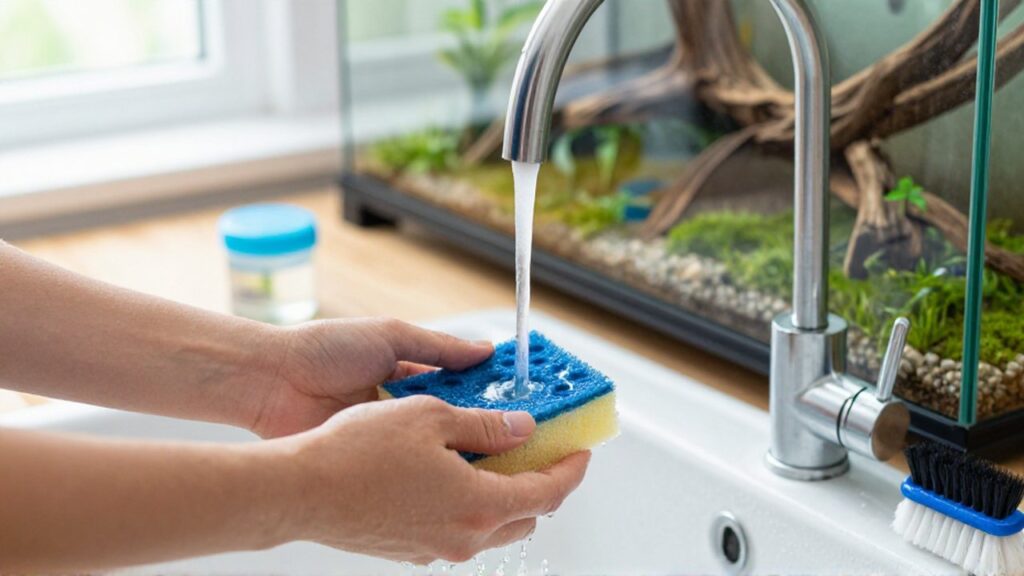 Manos enjuagando un filtro de esponja bajo un grifo cerca de un terrario con vegetación.