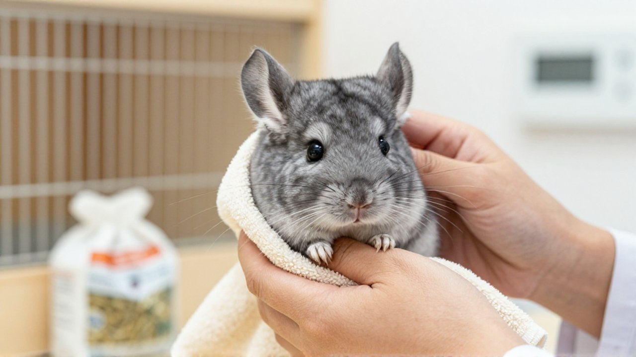 Manos de un veterinario examinan con cuidado a un chinchilla sobre una toalla en una clínica.