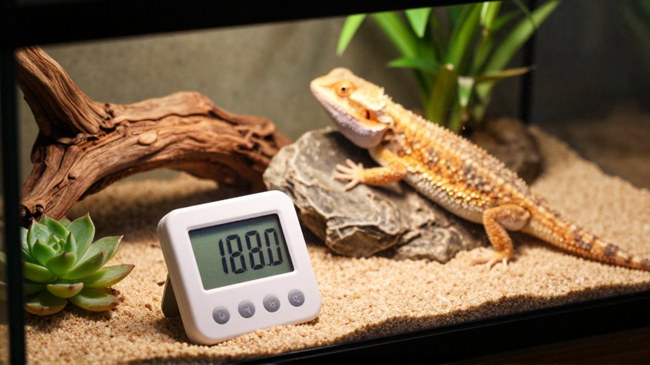 Termómetro y termohigrómetro digitales sobre el cristal de un terrario con un dragón barbudo al fondo.