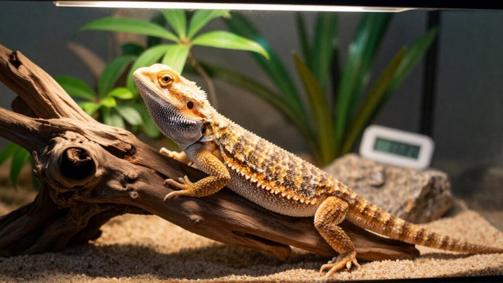Un dragón barbudo descansa sobre un tronco de madera en su terrario con plantas y arena.