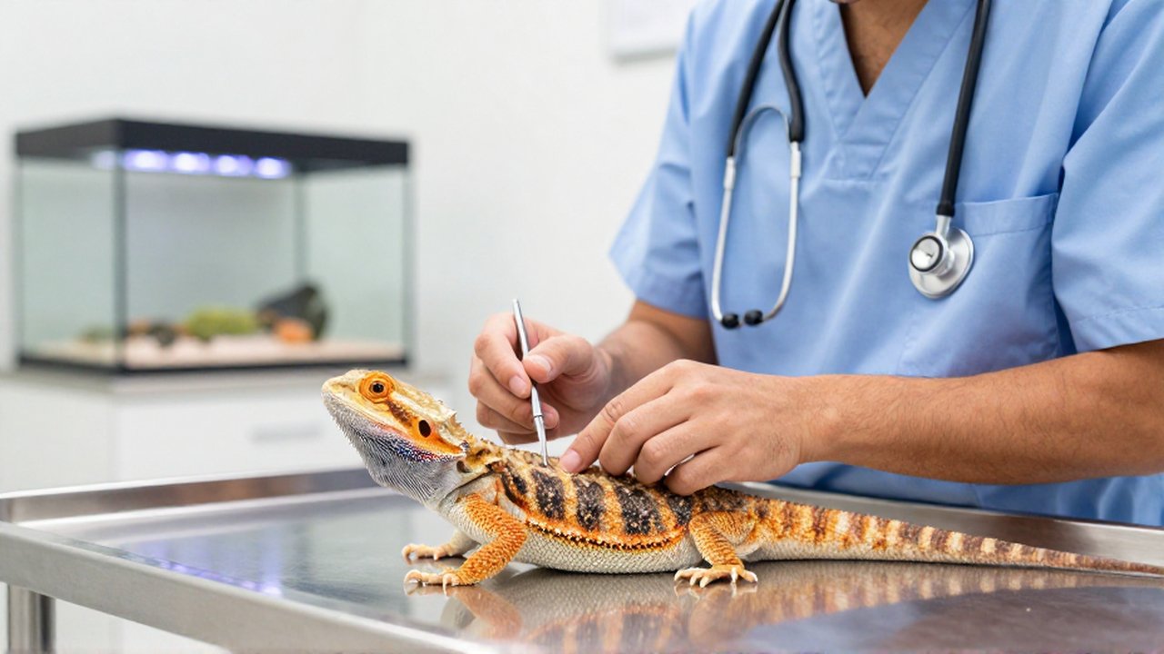 Un veterinario examina con cuidado a un dragón barbudo sobre una mesa de acero inoxidable.
