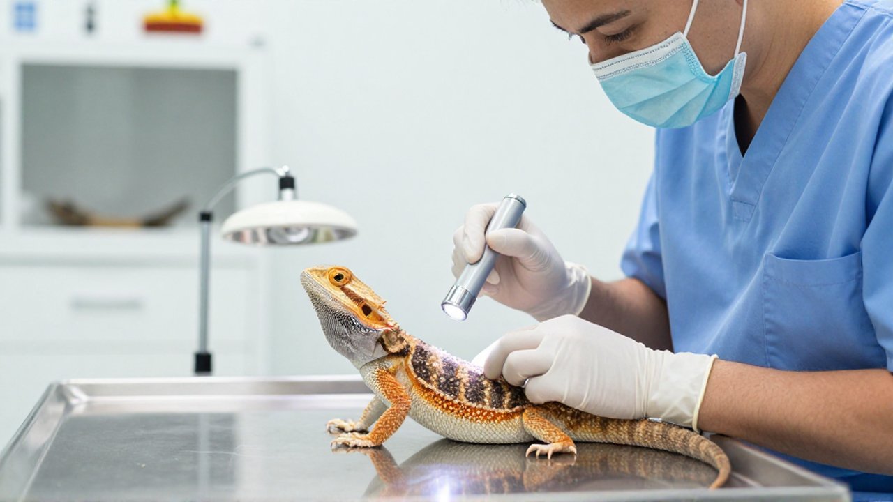 Un veterinario examina con una linterna a un dragón barbudo sobre una mesa clínica.