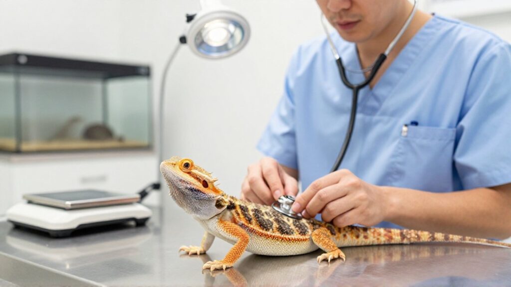 Un veterinario especializado examina cuidadosamente el abdomen de un dragón barbudo sobre una mesa clínica.