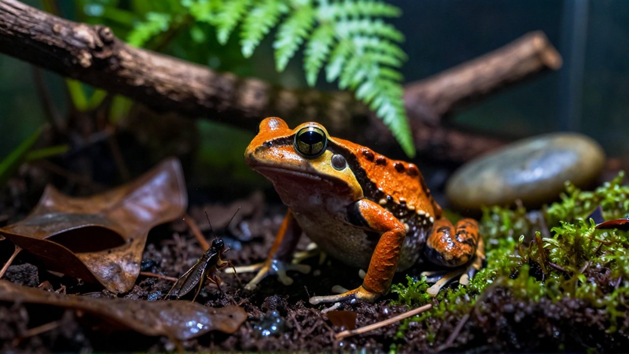 Una rana Pacman naranja acecha a un grillo entre musgo y hojas en un terrario húmedo.