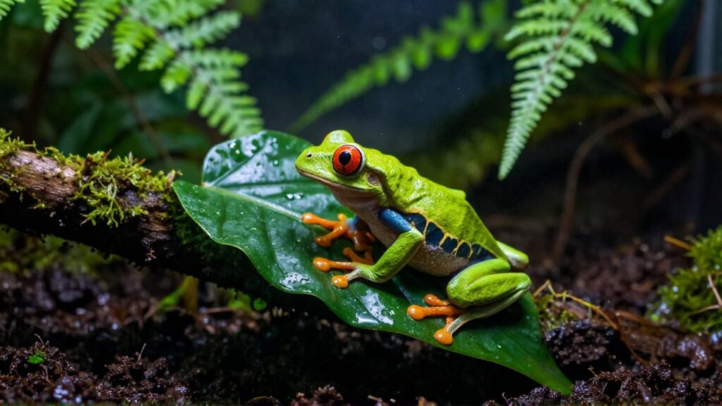 Una rana de ojos rojos salta entre hojas verdes y musgo en un entorno tropical húmedo.