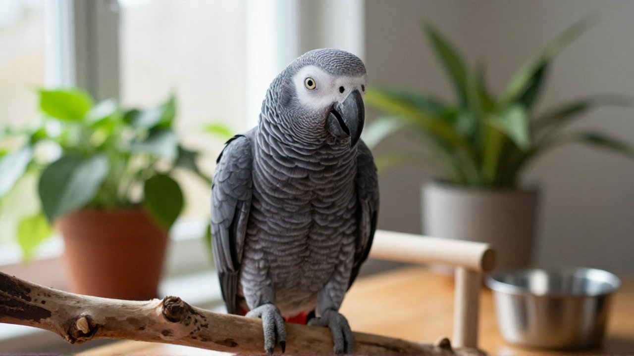 Loro gris africano con plumaje erizado y actitud defensiva sobre una rama en un hogar.